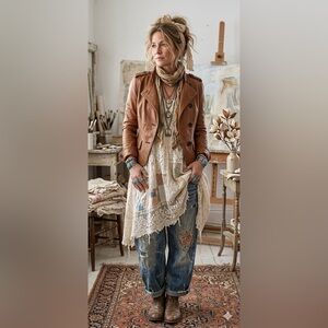 GAP Brown Leather Asymmetrical Moto Jacket S Artisanal Lagenlook Steampunk Boho